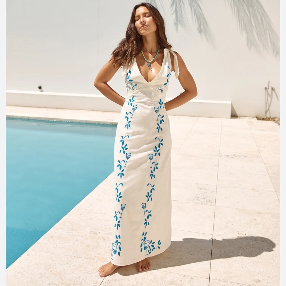 NWT Indikah Mykonos Morning Tied Shoulder Maxi Dress Beige, Selfie Leslie, AUS10